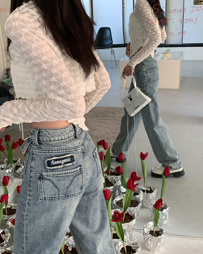 High Waisted Womens Jeans Slim Fit Versatile Korean Style Casual Spring and Autumn Wear Wholesale Available