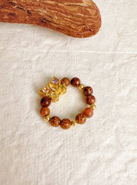 新中式蝴蝶天然石串珠戒指女款美拉德食指戒复古风闺蜜珠手工指环