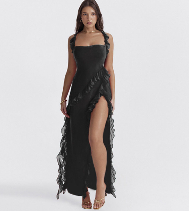 Womens Elegant Split Hem Dress Ruffle Trim Fashionable Sexy Autumn Collection Wholesale Available