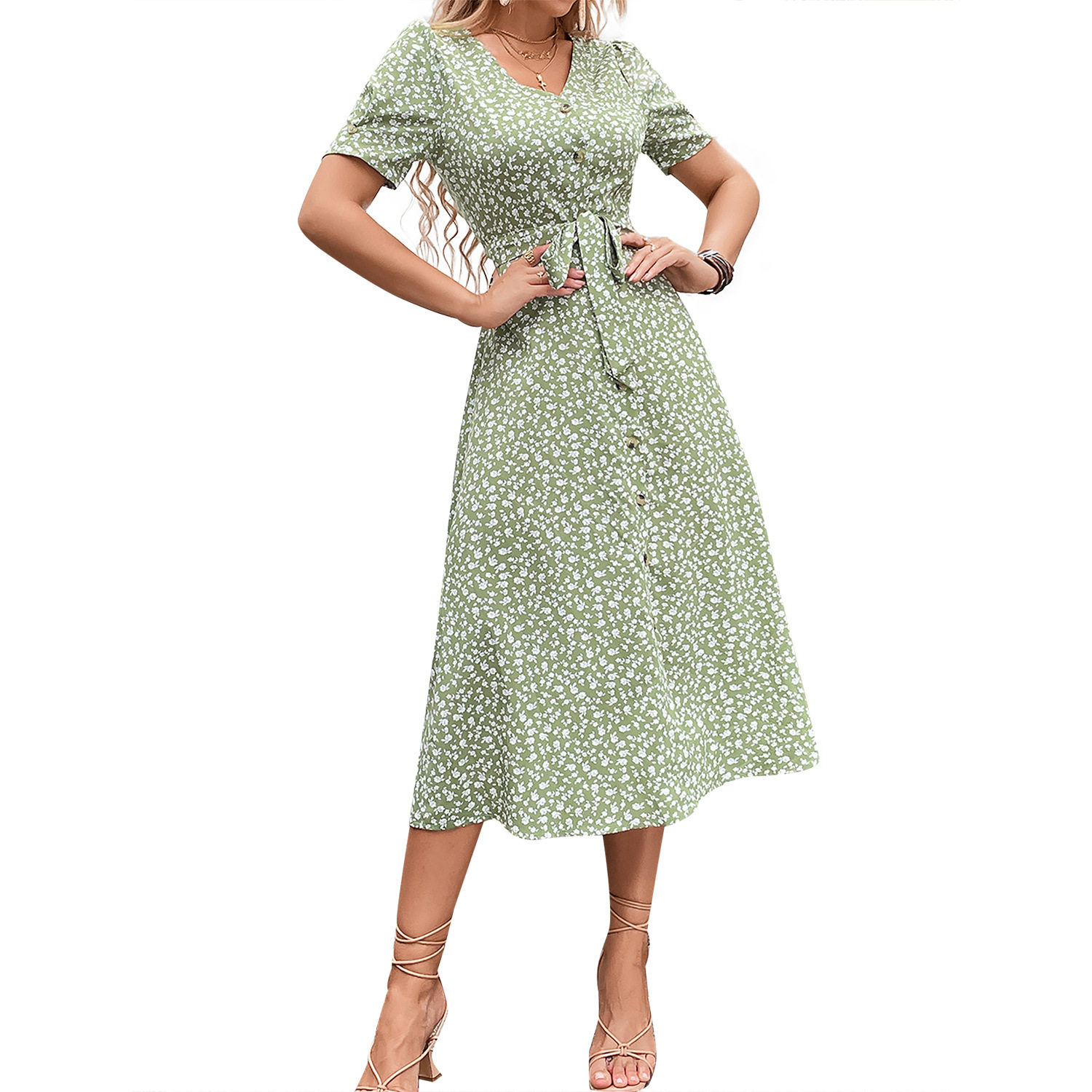 Floral Knot Dress Elegant Casual Style Suitable for Commuting and Vacations Available for Wholesale