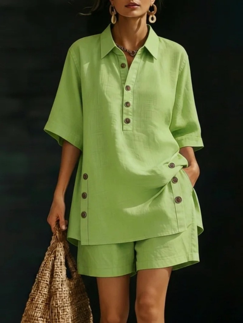 Womens Two Piece Set Short Sleeve Button Up Shirt Loose Fit Pants Solid Color Spring Summer Casual Wear Wholesale