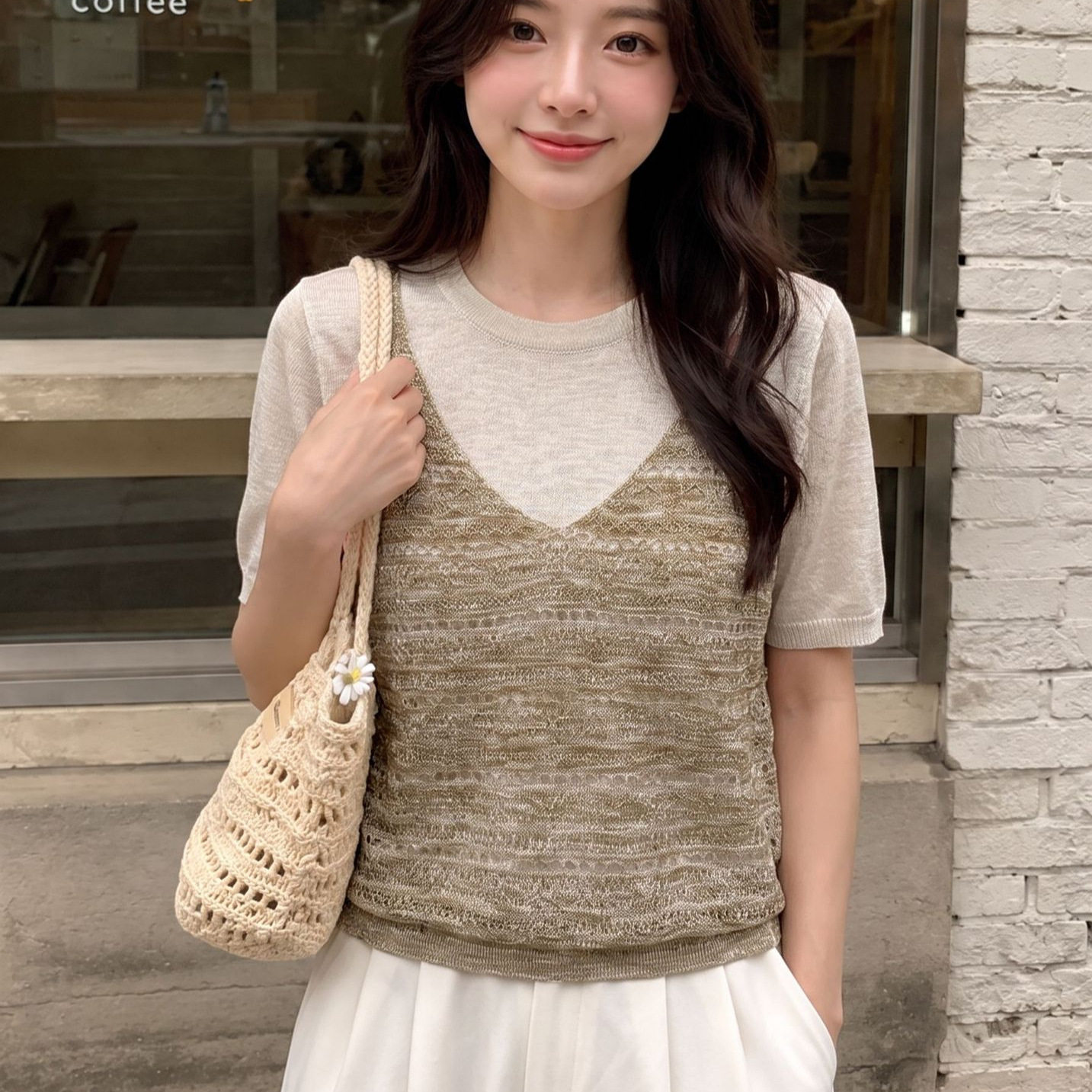 Милый летний новый полый вязаный поддельный топ из двух частей с короткими рукавами в корейском стиле, универсальный легкий топ в стиле колледжа в стиле ретро Изображение 1