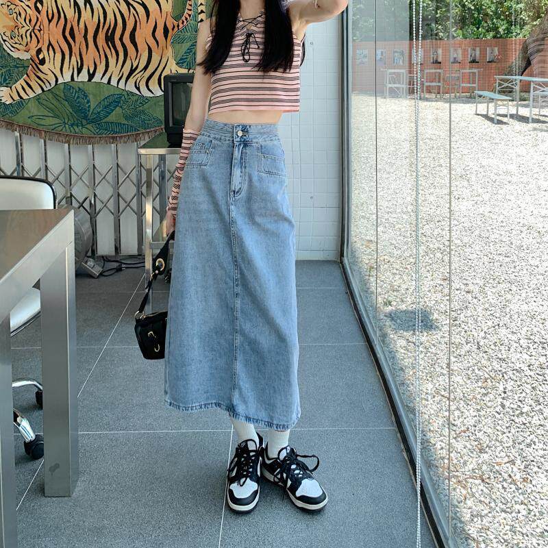 High Waisted Denim Midi Skirt Pocket Design Loose Fit Washable Fabric Summer Casual Wear Wholesale Available