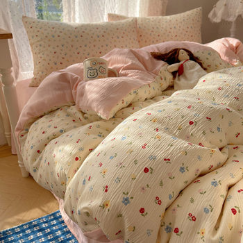 Ins Selection a Three-Layer Yarn Bed Four-Piece Set Thickeneded Encrypted Super Soft Quilt Cover Bed Sheetss Student Dormitory Three-Piece Set Batch