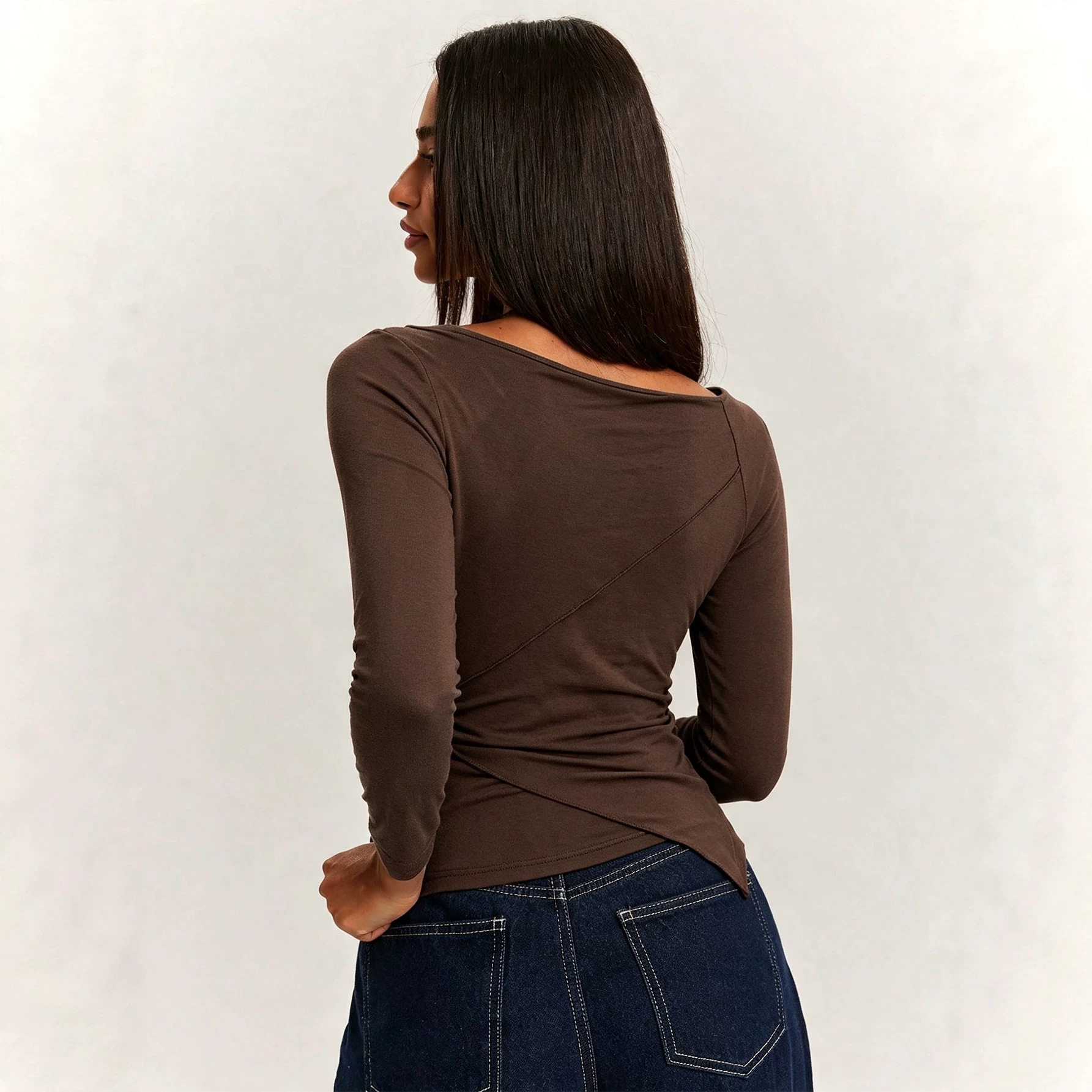 Vintage Off Shoulder Long Sleeve T Shirt Side Tie Waist Cinching Asymmetrical Hem Casual Wear Wholesale Available