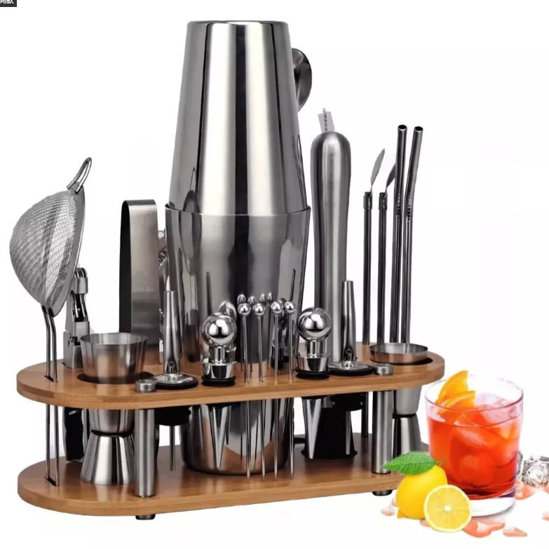 Cross-border bartending tools 23 pieces suit stainless steel bartender bar supplies bartender oval bamboo rack suit