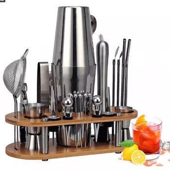Cross-border bartending tools 23 pieces suit stainless steel bartender bar supplies bartender oval bamboo rack suit