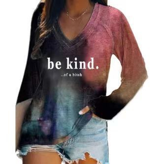 外贸跨境夏季女装简约休闲v领长袖T恤印花T恤女 独立站厂家货源