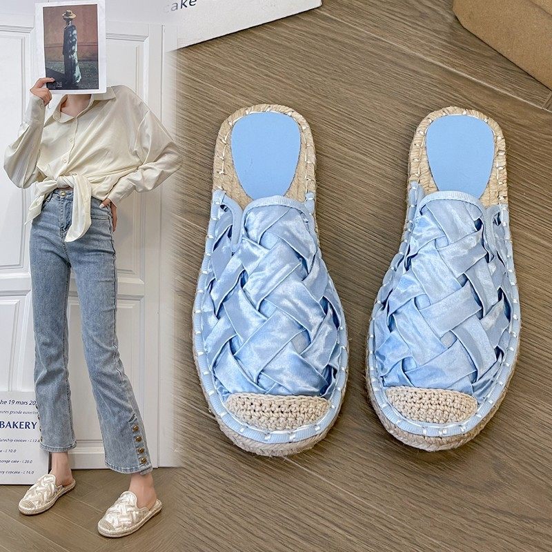 2024 Summer New Style Woven Flat Fisherman Shoes Female Student Half-drag One-step Lazy Shoes Casual Toe-toe Drag