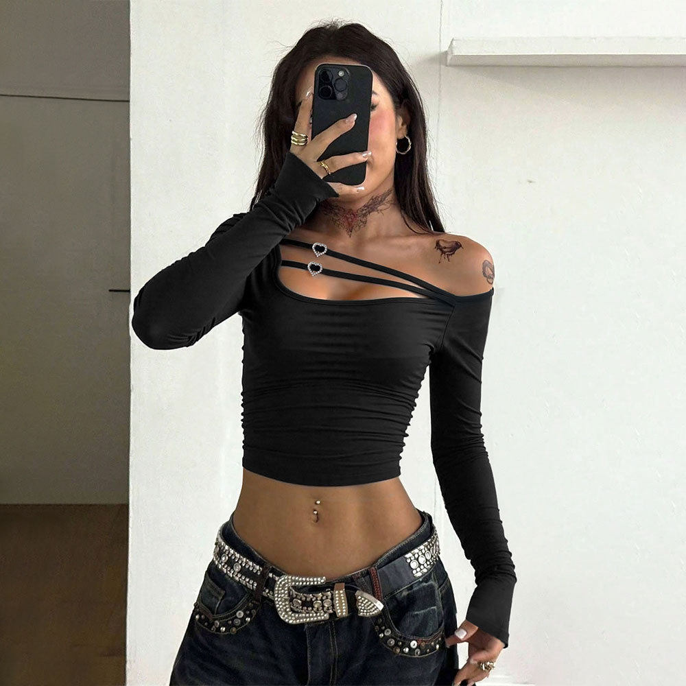 Black Sexy Off Shoulder Crop Top Hollow Cross Strap Design Trendy for Parties or Night Out Wholesale Available