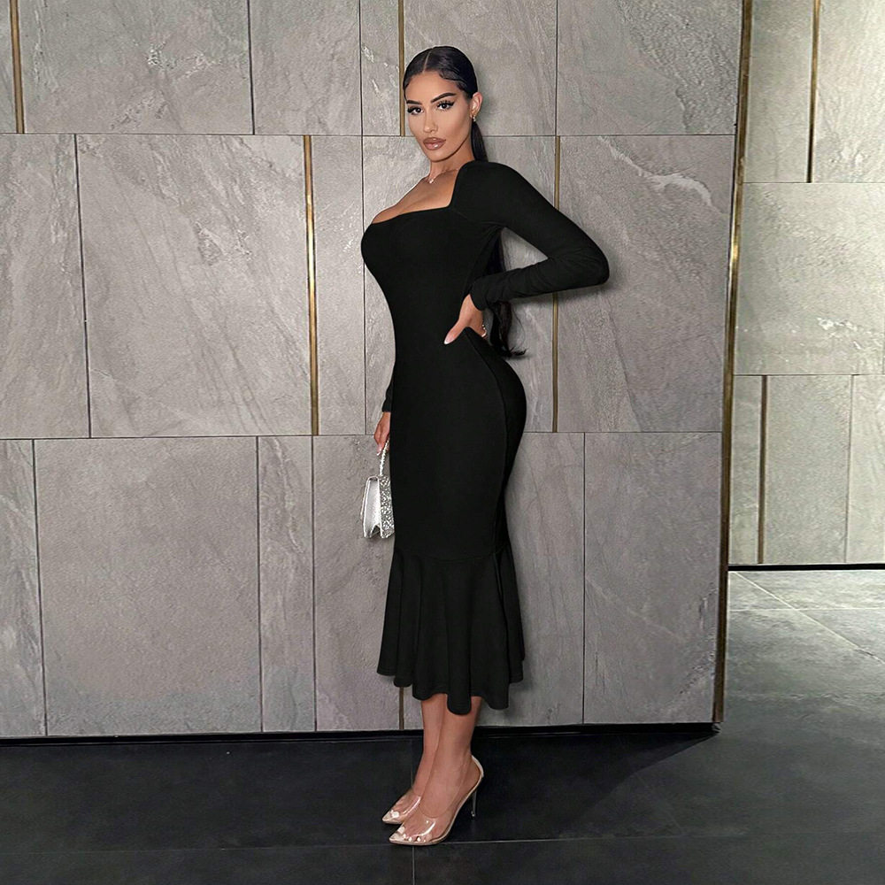 Elegant Square Neck High Waist Bodycon Dress Chic Design Spring Summer Style Wholesale Availability