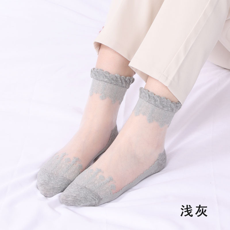 春季薄款中筒袜棉底玻璃丝袜子女蕾丝花边短款袜子防滑透气水晶袜