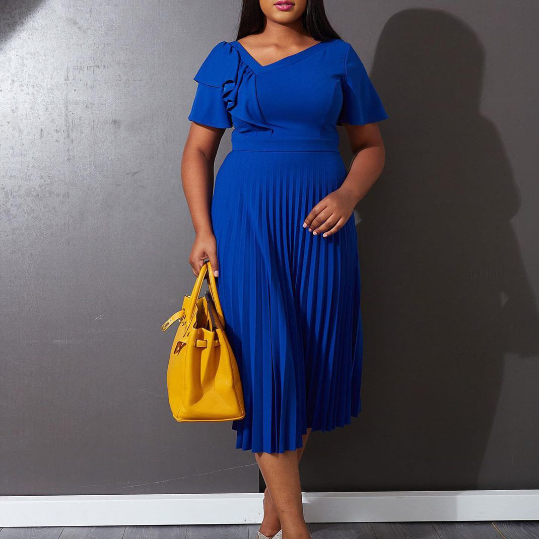 Plus Size Elegant Ruffle Sleeve Asymmetrical Dress Pleated Design European Style Casual Wear Wholesale Available