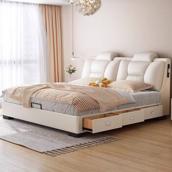 Genuine Leather Bed Modern Simple Accessible Luxury Master Bedroom Large Bed Double Bed Multi-Functional Storage 1.8 Drawer Wedding Bed Leather Art Bed