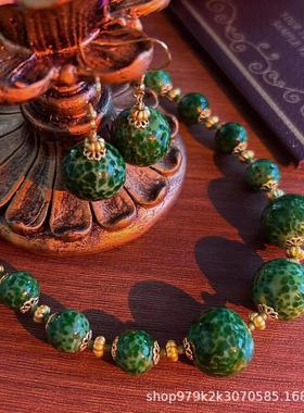 绿色蛙皮琉璃点翠宫廷风新中式饰品 vintage绿色森林复古项链耳环