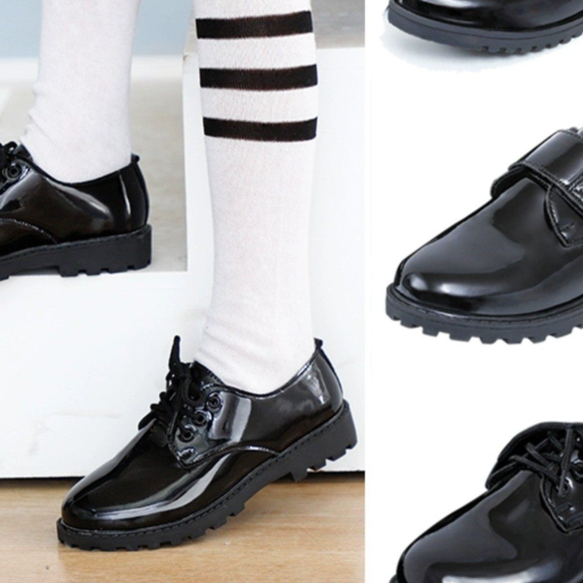 Boys' and Girls' Leather Shoes for Students, Children's Performance Shoes, Soft-Soled Black British Style School Performance Single Shoes for Older Children