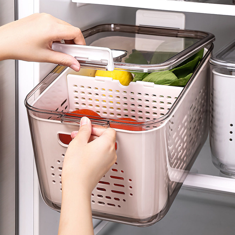 Japanese household refrigerator crisper kitchen double-layer draining basket with lid fruit washing basket plastic storage box