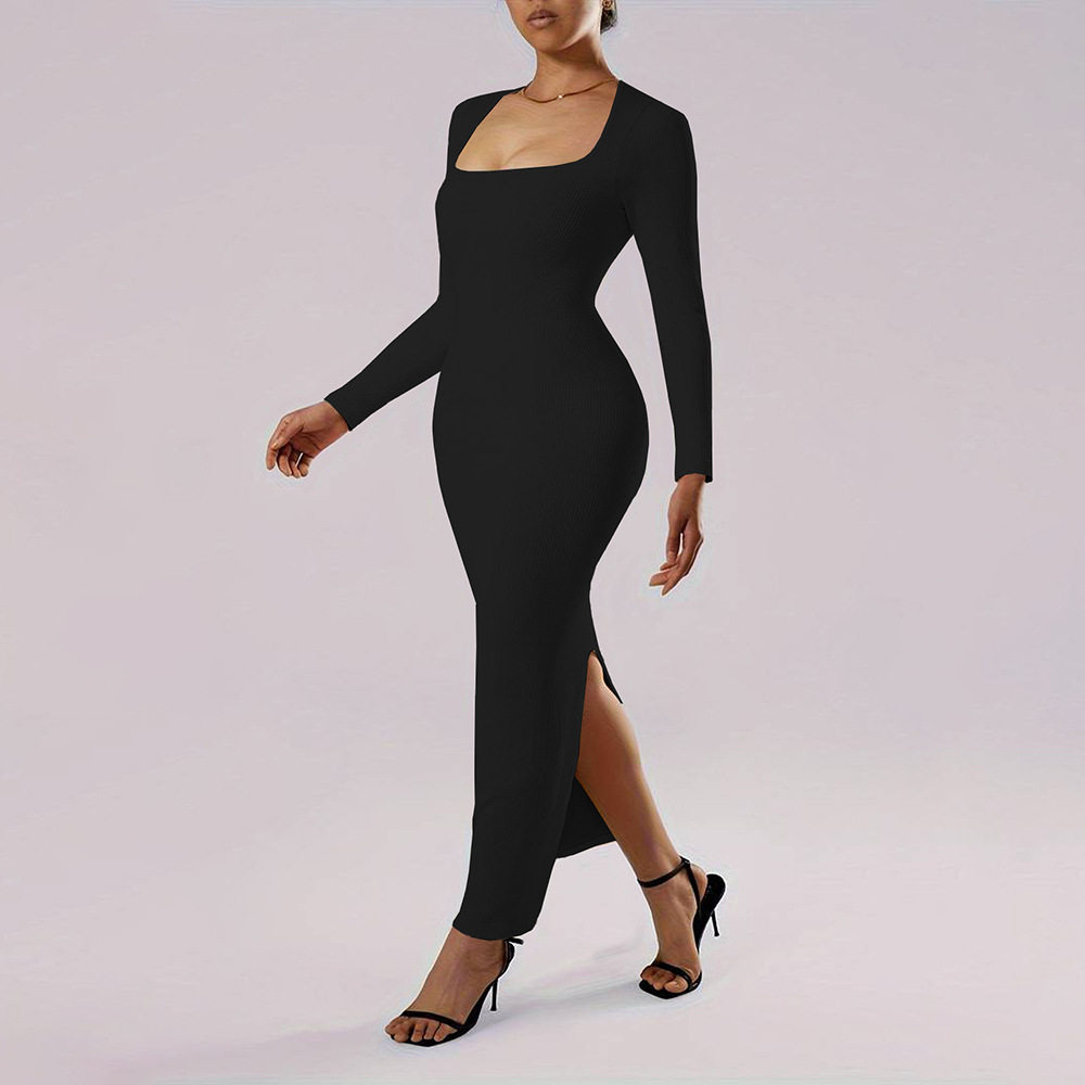 Elegant Bodycon Midi Dress Square Neck Long Sleeve Ankle Length Slim Fit Autumn Winter Fashion Wholesale Available