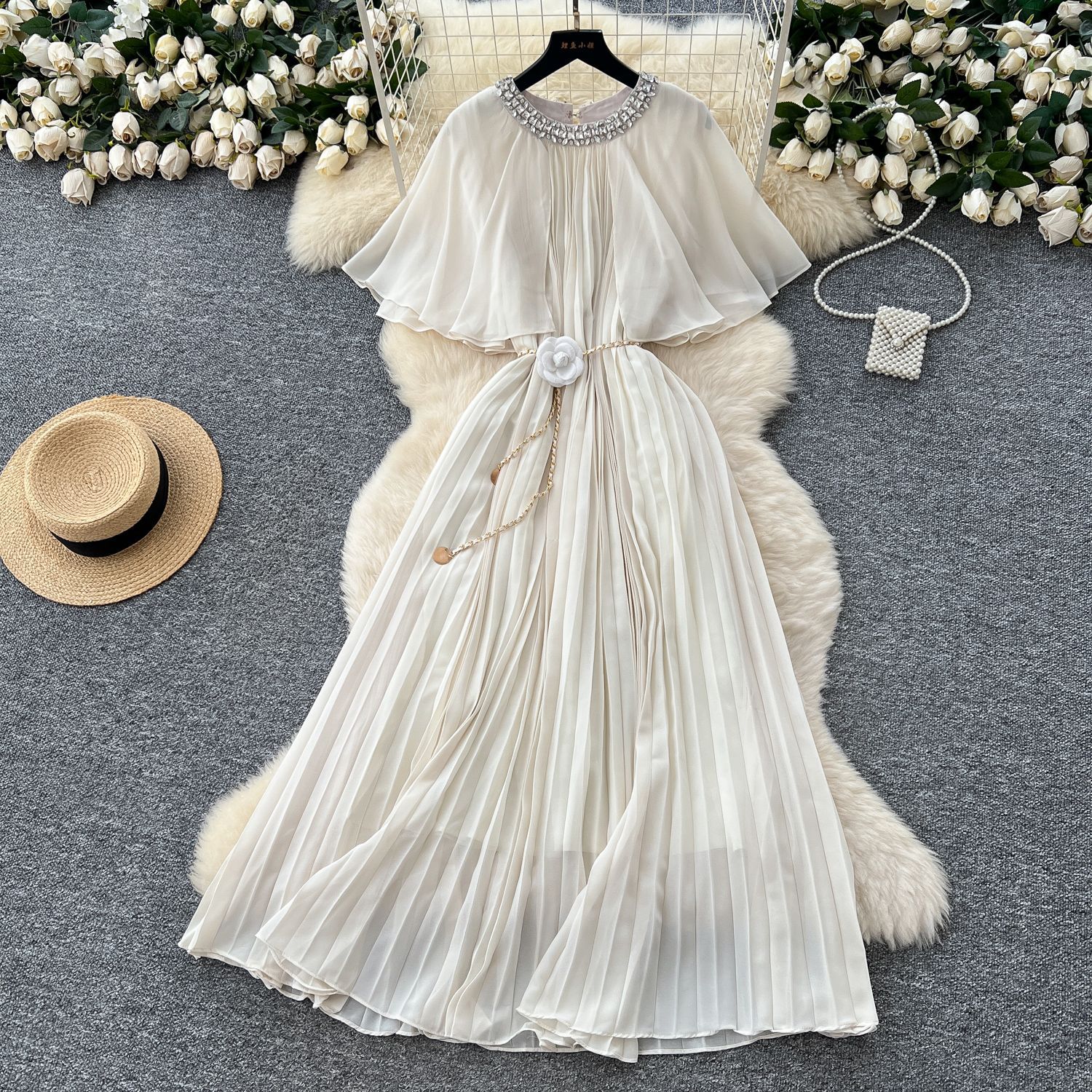 French Style Elegant Chiffon Dress Embellished Round Neck Waist Tie Pleated Design Perfect for Parties and Special