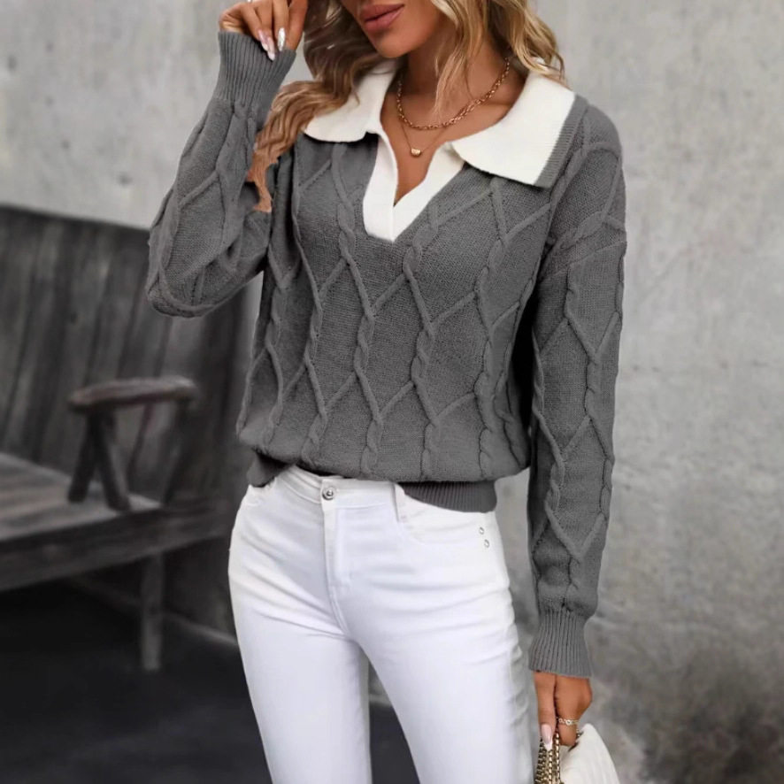 Elegant Womens Color Block Knit Sweater Long Sleeve Lapel Collar Autumn Winter Style Wholesale Available