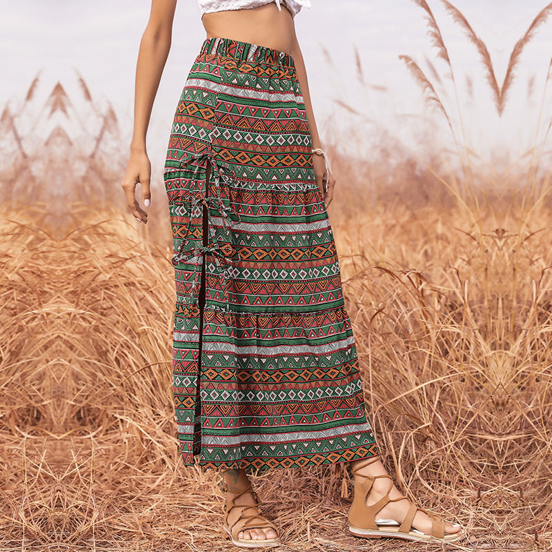 Bohemian Print Maxi Skirt High Waist A Line Side Slit Casual Summer Wear Wholesale Available