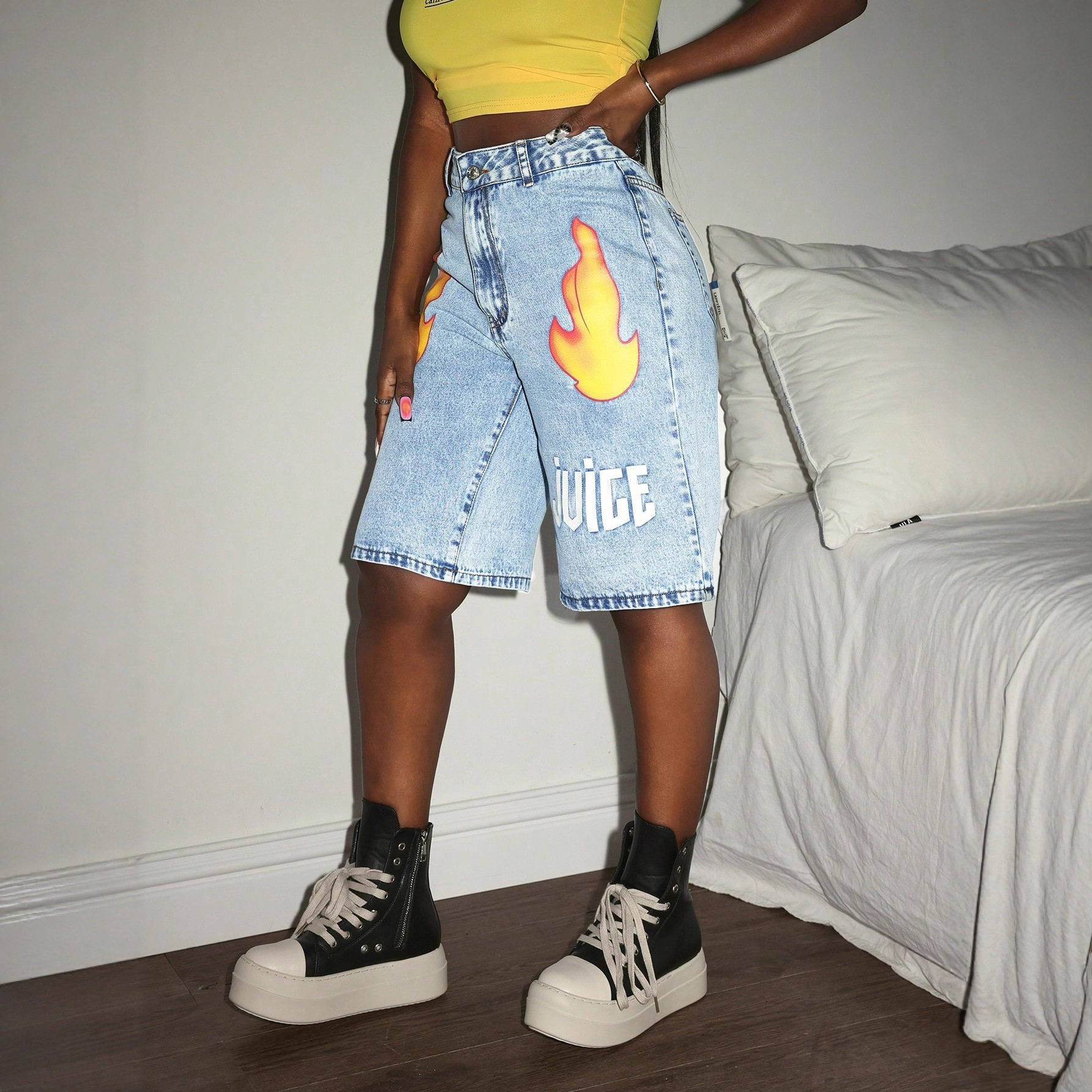 Fashionable Womens Denim Shorts Flame Print Letter Design Casual Style Available for Wholesale