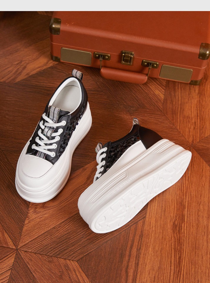 Giày sneaker nữ chunky đế dày lưới thoáng khí phong cách platform — Trắng, Đen chi tiết 15