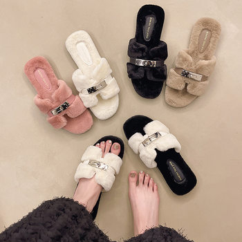 Korean Style Autumn and Winter Mao Mao Slippers Women's Outer Wear 2024 New Style One-Word Shops Plush