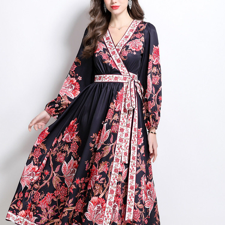 Vintage Floral Print Maxi Dress for Women Cross V Neck Waist Tie Lantern Sleeves Elegant Evening Wear Wholesale