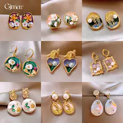 Monet Garden Oil Painting Love Flower Pearl Earrings Fashion Elegant Earrings French Sweet Fresh Earrings