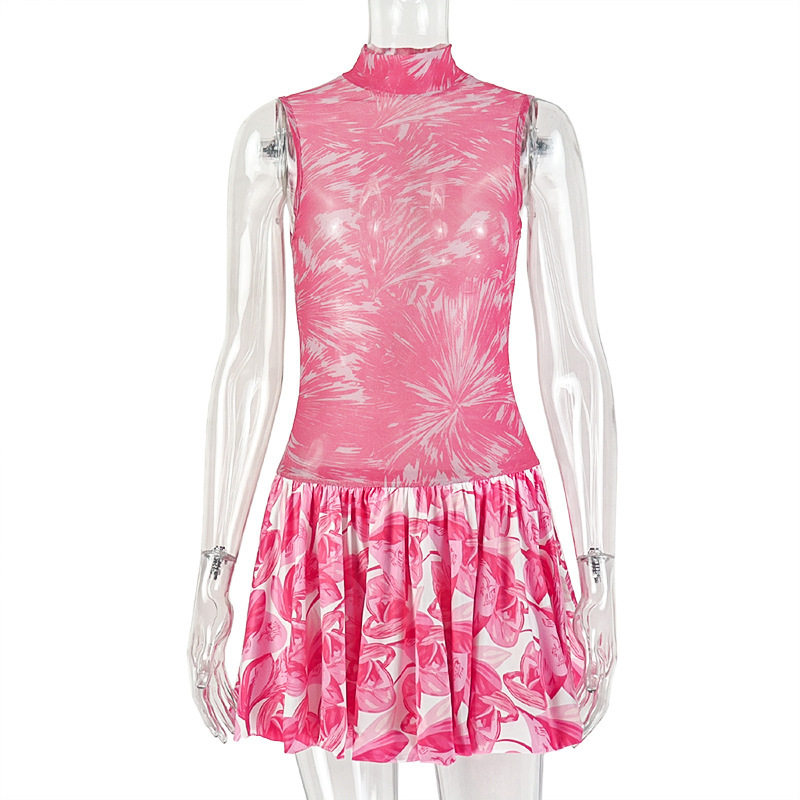Color Block Printed A Line Dress Slim Fit High Neck Short Sleeve Casual Wear for Women OEM Available