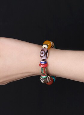 西藏血丝三眼天珠绿松石玛瑙牛骨藏式多手串民族风女手链