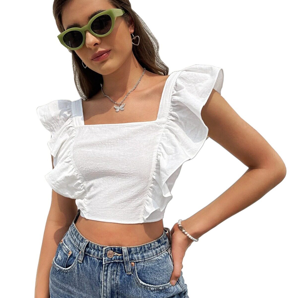 Womens Ruffled Sleeve Backless T Shirt Sweet and Fresh Design Square Neck Sleeveless Casual Wear Wholesale