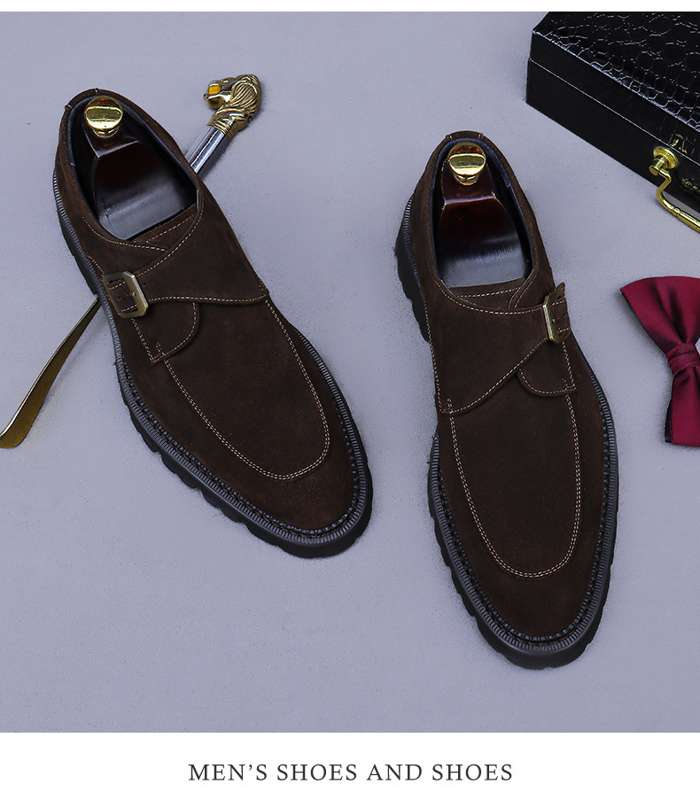 Giày loafer nam da bò lộn mũi tròn khóa cổ điển đế dày tăng chiều cao — đen, màu nâu mocha