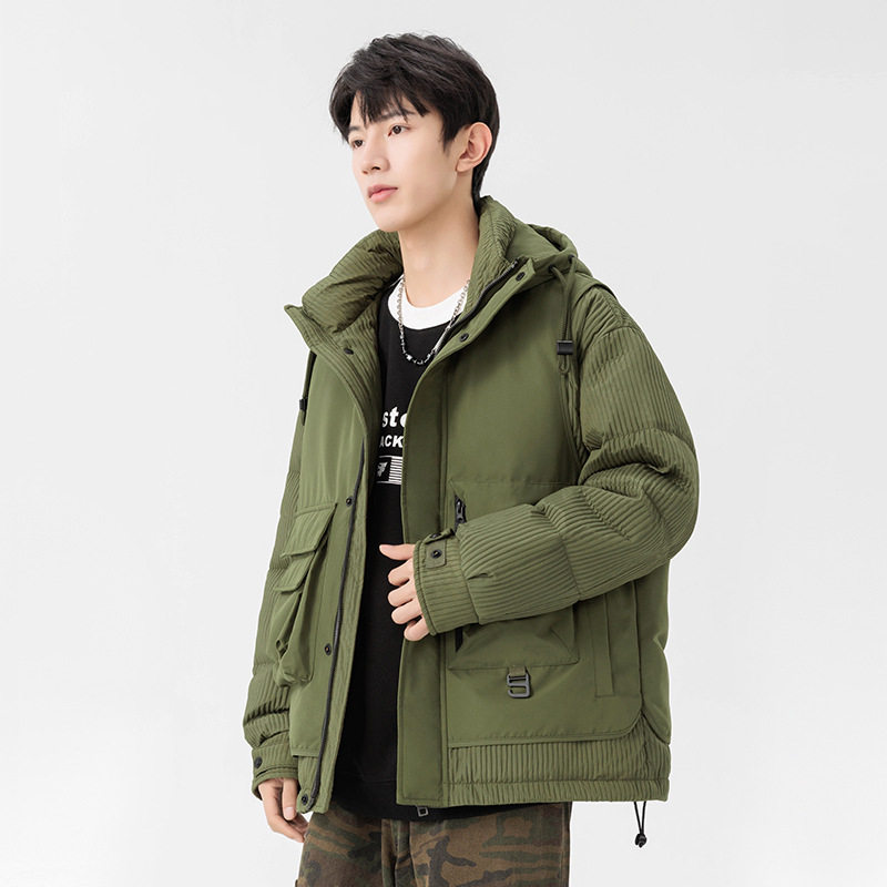 Workwear Design down Jacket Men's Winter Loose Warm Fake Two-Piece Stereo Bag 85 White Duck down Hooded down Jacket