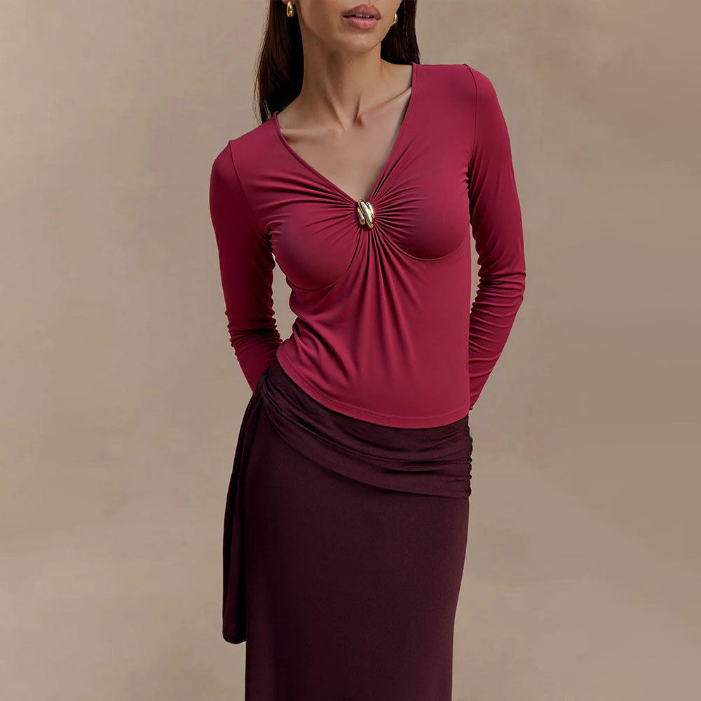 V Neck Slim Fit T Shirt Burgundy Color Soft Fabric Spring Summer Style Perfect for Casual Wear Wholesale Available