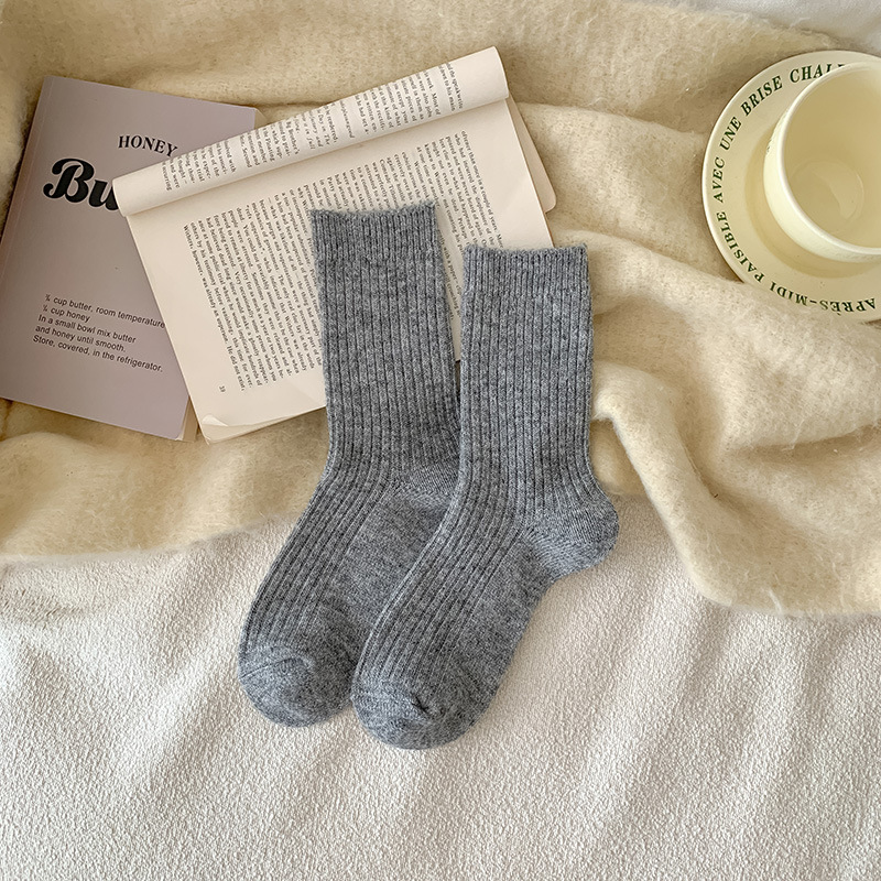 羊毛袜子女秋冬月子袜加厚保暖居家地板冬天日系简约羊绒堆堆长袜