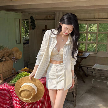 Tyrande Striped Ribbon Shirt Women's Spring and Autumn Long Sleeve Waist High-Quality Skirt Suit Striped Casual Two-Piece Set