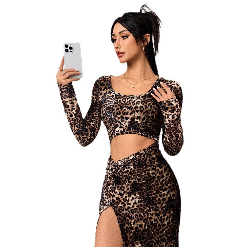 Leopard Print Maxi Dress Sexy Y2K Style Hollow Out Design Spring Summer Fashion Wholesale Available