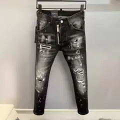 European Station New Men's Smoky Grey Washed Paint Splash Ink Jeans Ripped Patch Stretch Slim Fit Pants