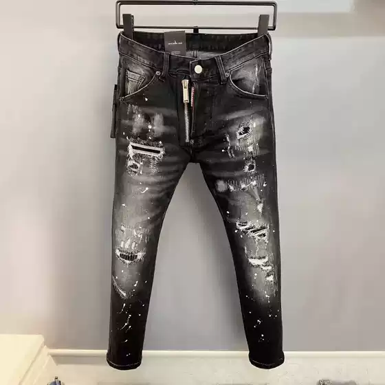 European Station New Men's Smoky Grey Washed Paint Splash Ink Jeans Ripped Patch Stretch Slim Fit Pants