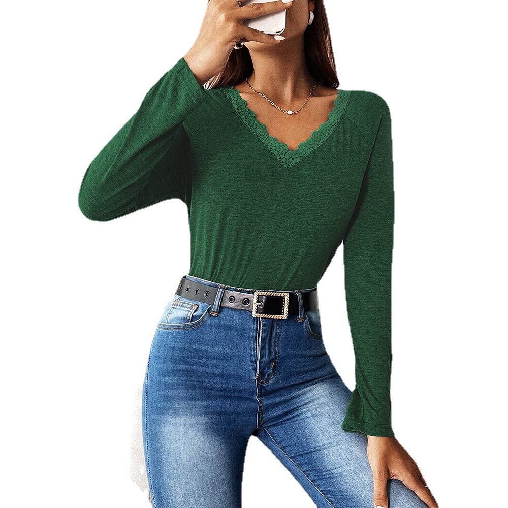 Womens Casual V Neck T Shirt Loose Fit Long Sleeve Lace Patchwork Fashionable Top for Spring Fall Wholesale
