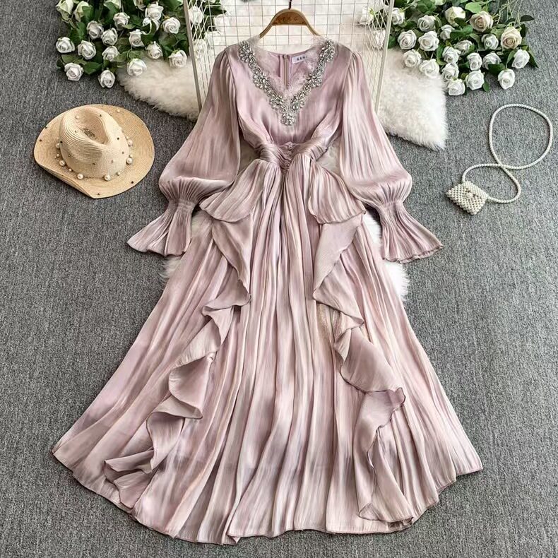 Elegant French Style Long Dress for Women Embroidered Beaded V Neck Waist Cinching Regal Design Perfect for Formal