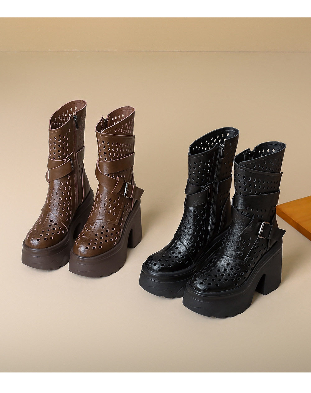 Boot cổ thun nữ da bò họa tiết đục lỗ thoáng mát, gót cao 8 cm — [Nâu], [Đen] chi tiết 12