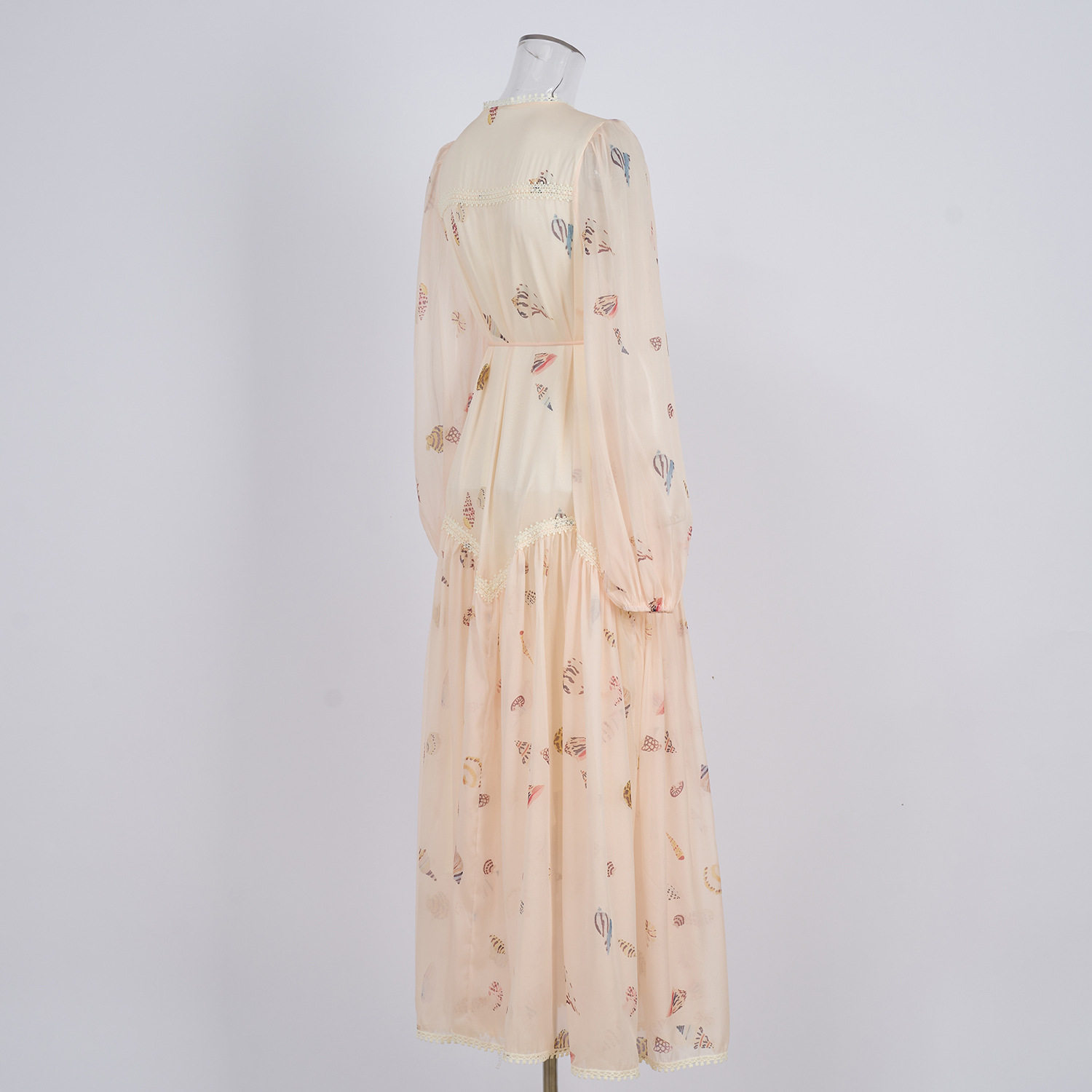 Vintage French Style Lace Trimmed Dress Elegant Waist Tie Lantern Sleeves Floral Print Perfect for Formal Events