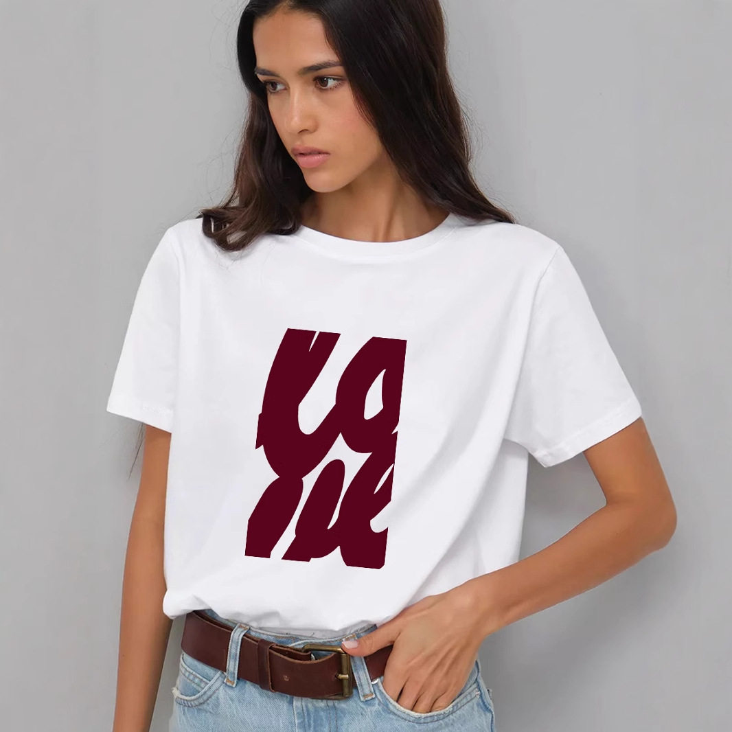 Womens Casual Loose Fit Cotton T Shirt Summer Short Sleeve Round Neck Simple Letter Print Versatile Everyday Wear
