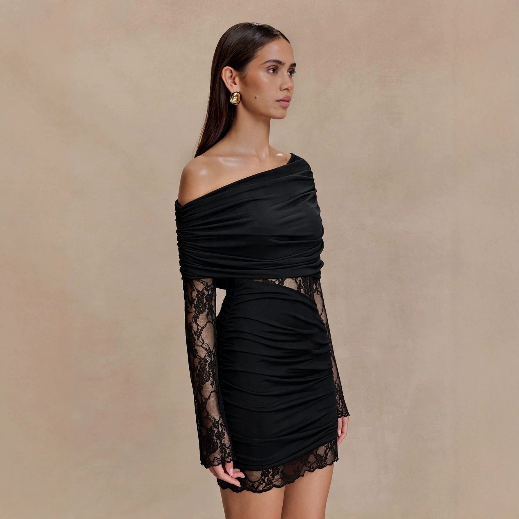 Asymmetrical Long Sleeve Bodycon Dress Lace Paneling Slim Fit Sexy Style Perfect for Parties and Night Out