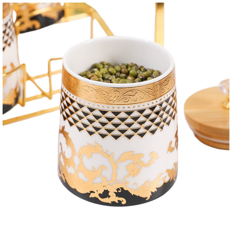 Hot new seasoning box suit seasoning jar with rack light luxury ceramic sealed jar kitchen storage storage jar bamboo lid