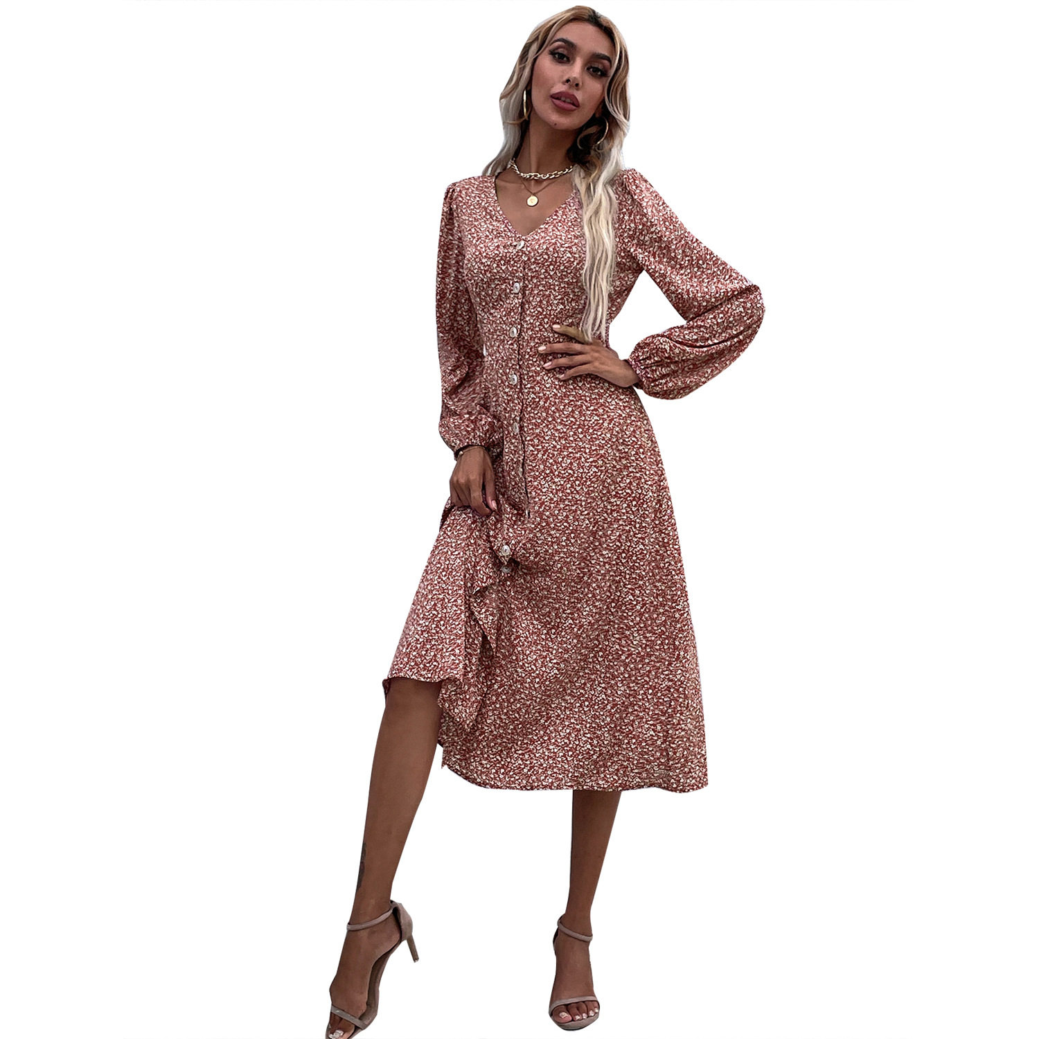 Floral V Neck Long Sleeve Dress Slim Fit Mid Length Elegant Style Perfect for Spring and Summer Events Wholesale
