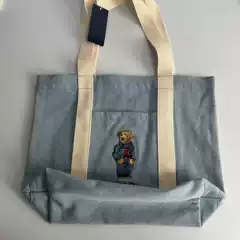 Lotte Japanese and Korean Polo Webbing Denim Suit Bear Embroidered Canvas Bag Shopping Bag Shoulder Tote Bag Tote
